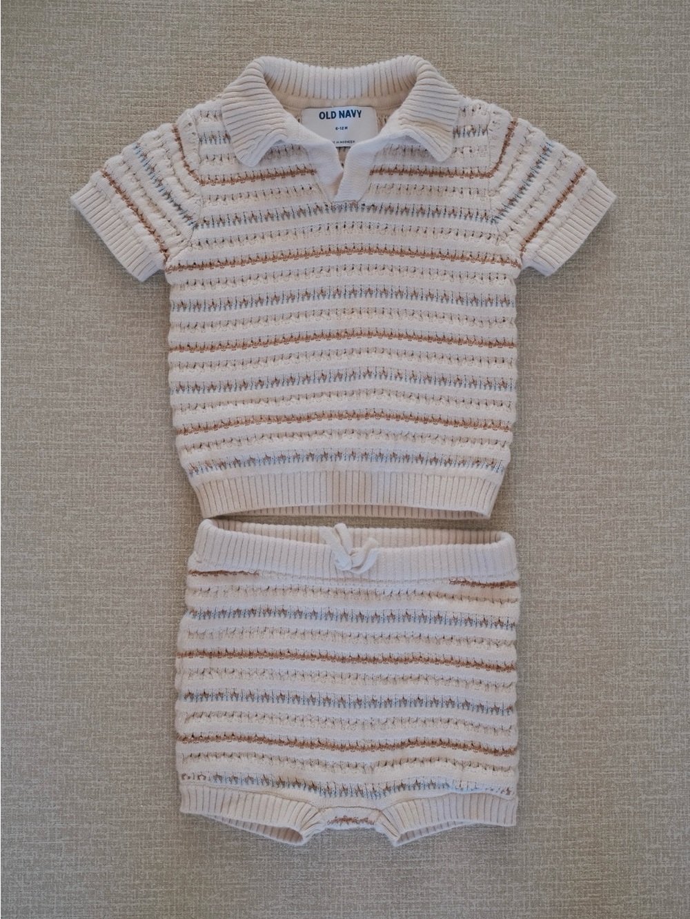Old Navy Cream & Tan Striped Knit Polo Set